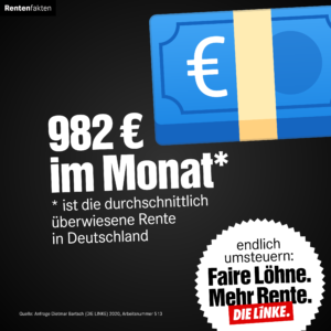 Ein schwarzes Bild mit einem großen blauen Geldbündel rechts oben. In der Mitte steht, dass 982 € im Monat die durchschnittlich überwiesene Rente in Deutschland ist. Deshalb werden hier faire Löhne und mehr Rente gefordert.