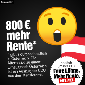 Ein großer überraschter Smiley vor einer österreichischen Flagge. Links im Bild steht, dass es in Österreich durchschnittlich 800 € mehr Rente gibt als in Deutschland. Deshalb werden hier faire Löhne und mehr Rente gefordert.